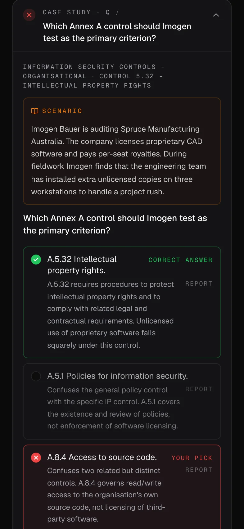 A Mindset Prep graded question. The correct option carries a green Correct ring; each other option shows its own rationale; the source ISO clause is cited inline; the Tutor explanation appears below