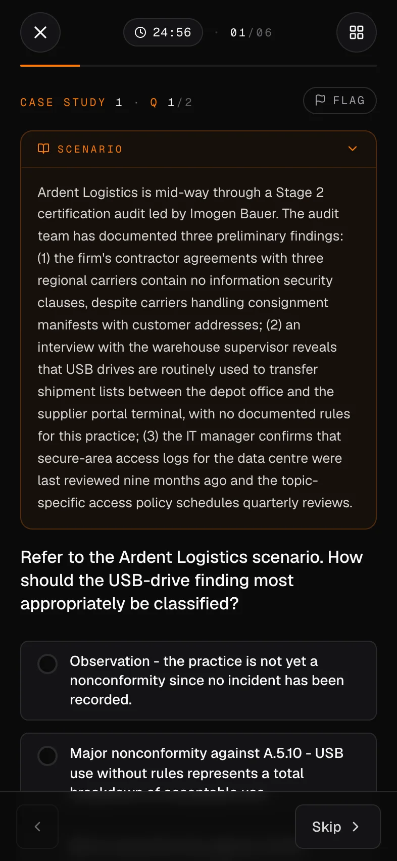 An example Mindset Prep scenario question on iPhone: a case-study scenario panel, the question and answer options, with a timer and question counter along the top