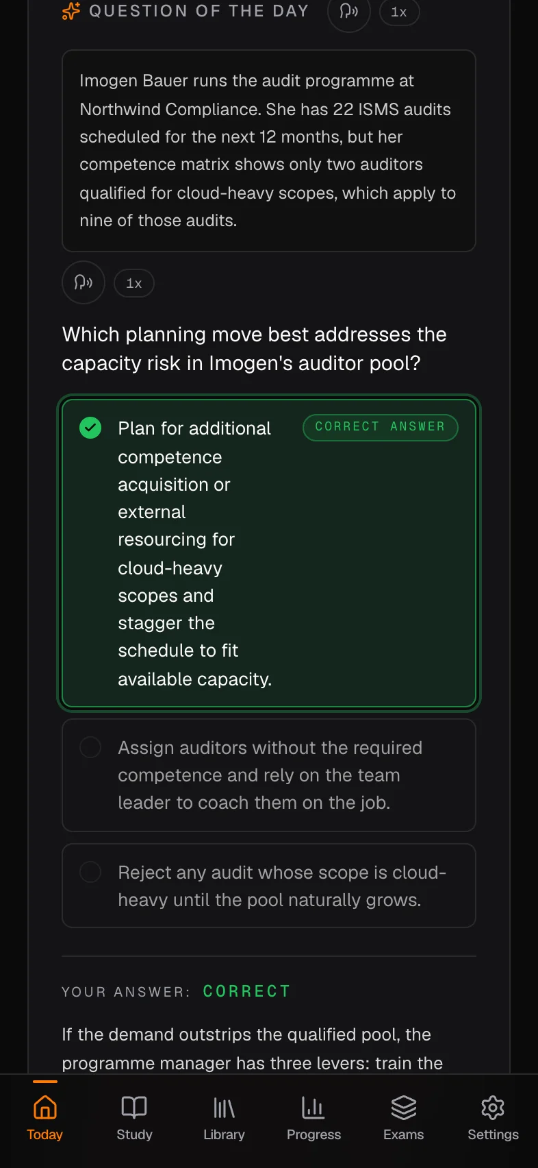 The Question of the Day on iPhone after answering: an audit-programme planning scenario with the correct option ringed in green and the start of the explanation underneath