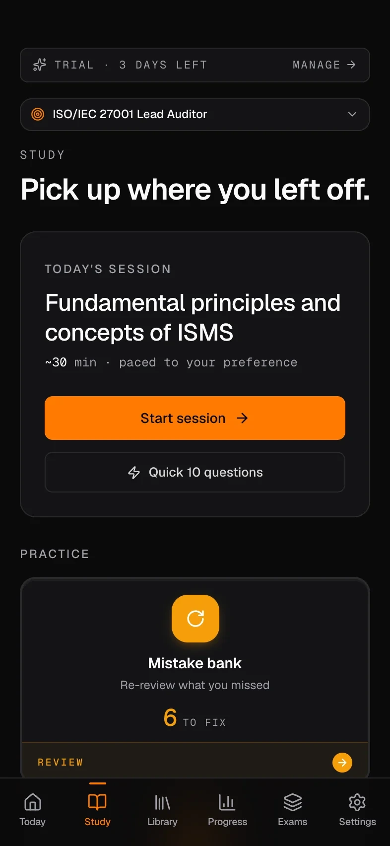 The Mindset Prep Study screen on iPhone showing a personalised daily session, a quick ten-question drill, and the mistake bank